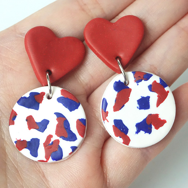 Red Heart  Round  Clay Earrings