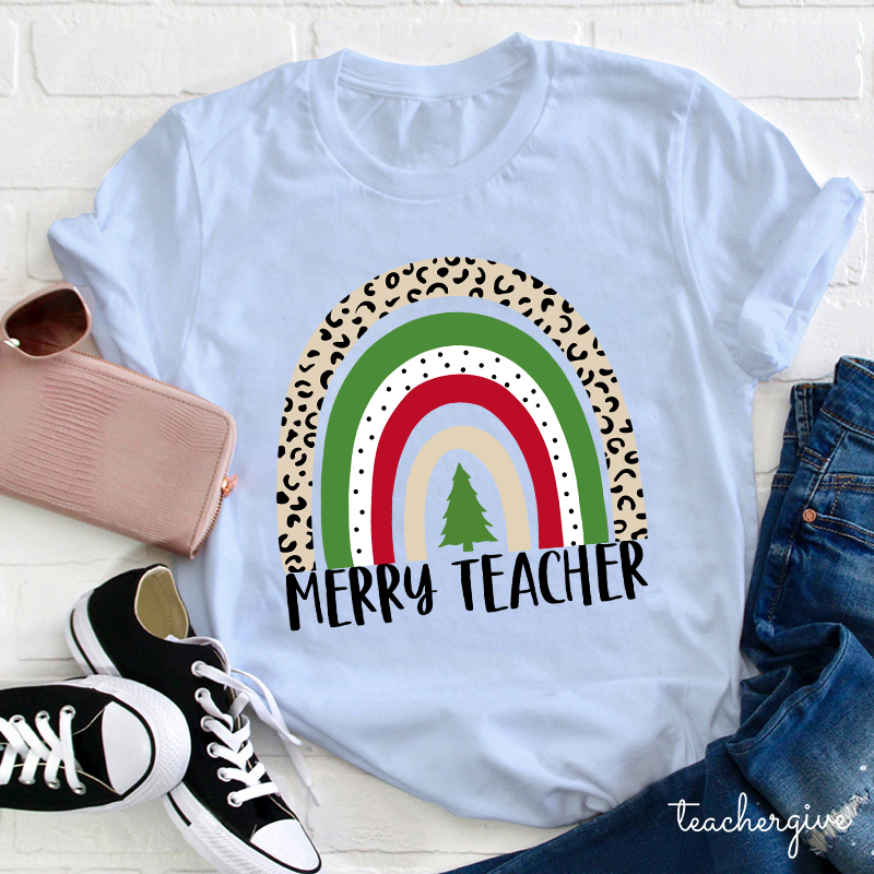 Merry Teacher Christmas Vibes Rainbow Teacher T-Shirt