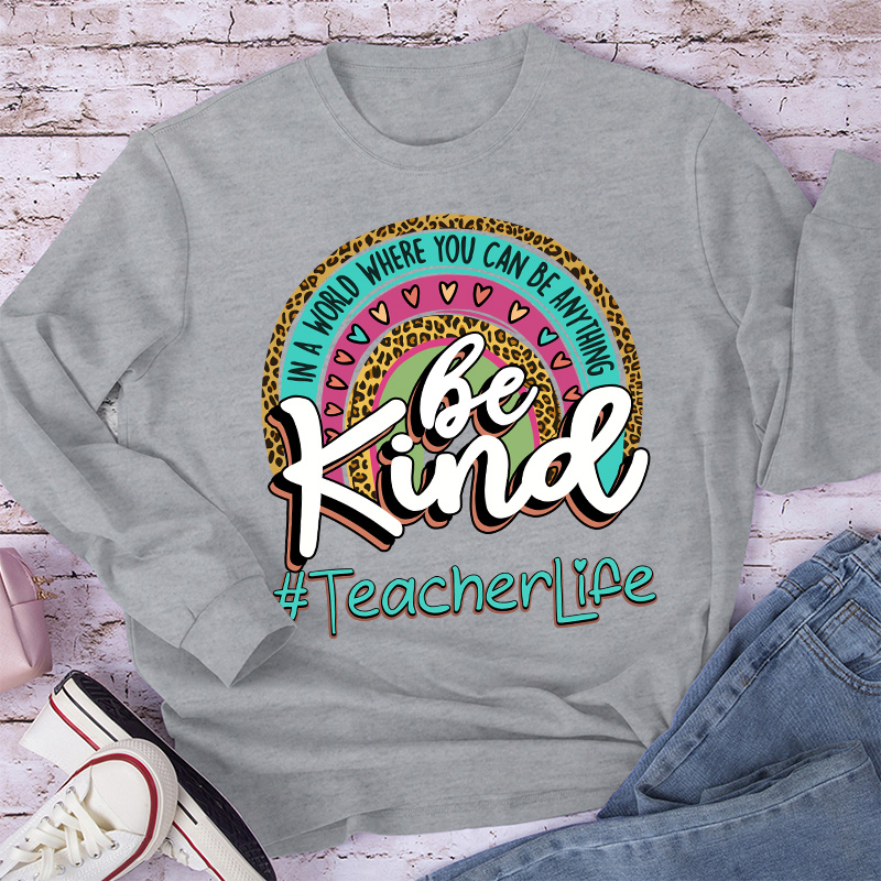 Be Kind Leopard Print Rainbow Long Sleeve T-Shirt