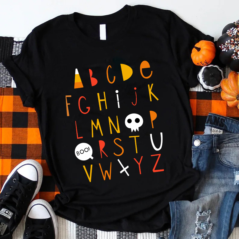 Cartoon Halloween Vibes Alphabet Teacher T-Shirt