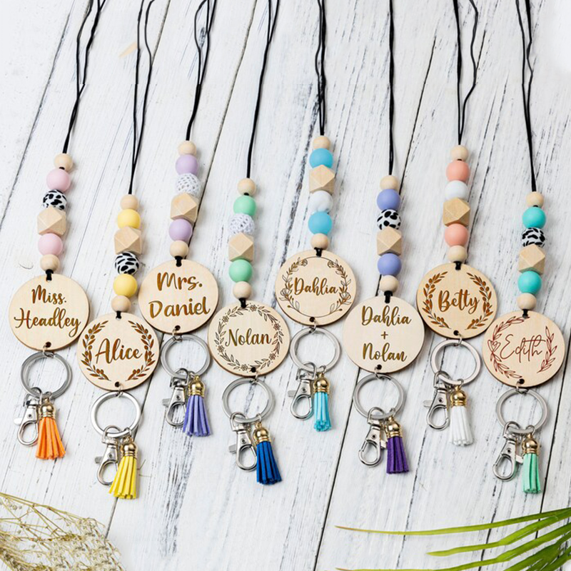 Personalized Wooden Chips And Colorful Beaded Teacher Lanyard