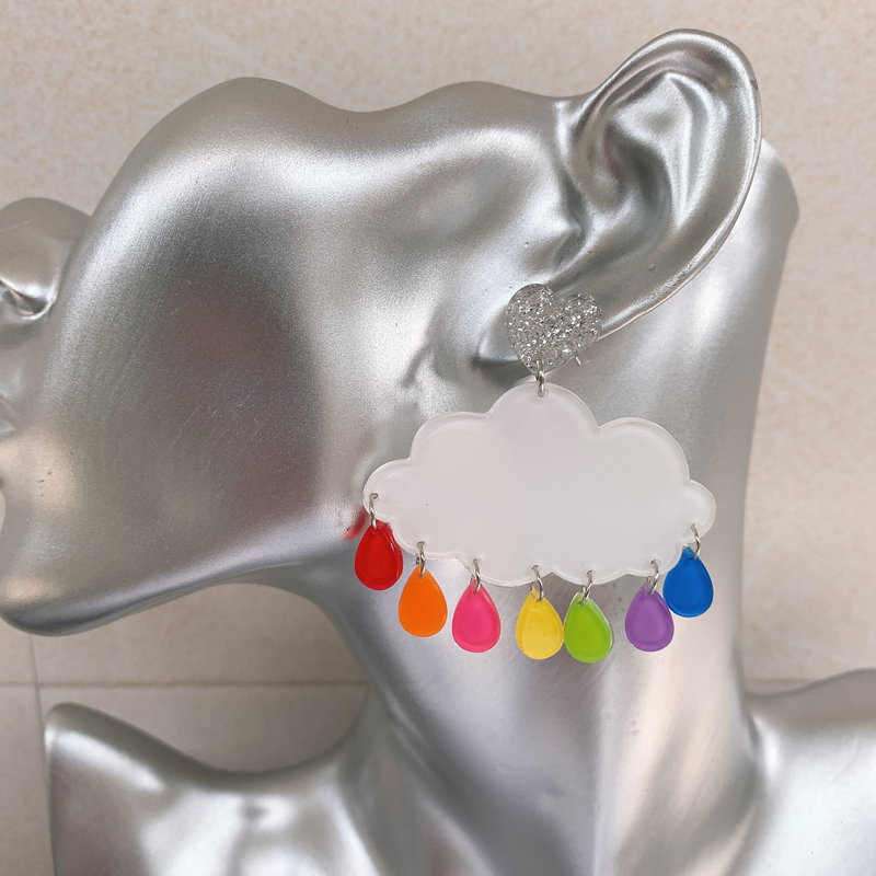 Rainbow Raindrops  Cloud Acrylic Earrings