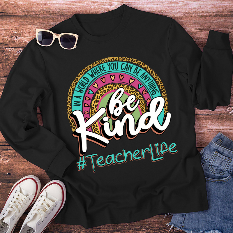 Be Kind Leopard Print Rainbow Long Sleeve T-Shirt