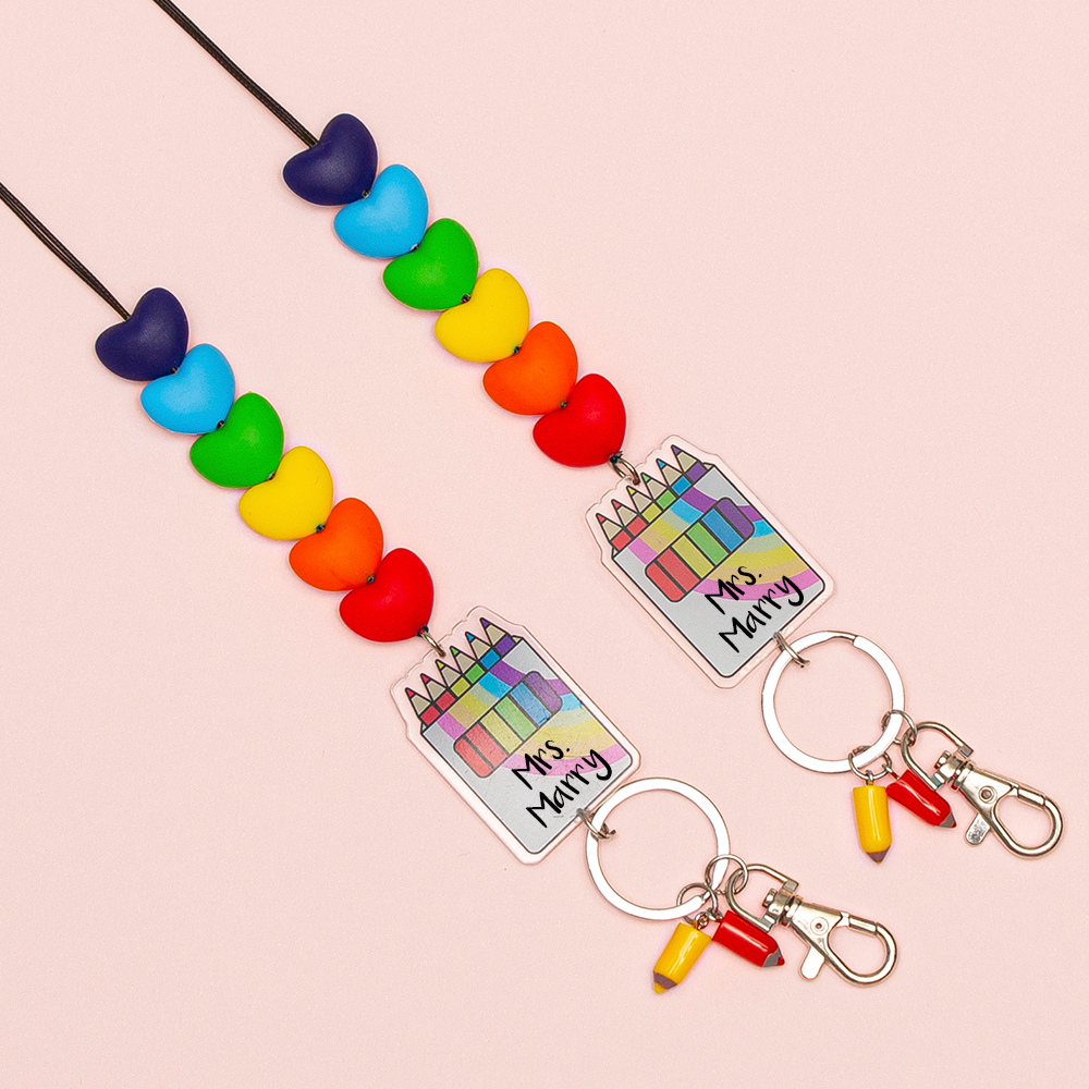 Personalized Colorful Hearts Crayon  Bead Lanyard