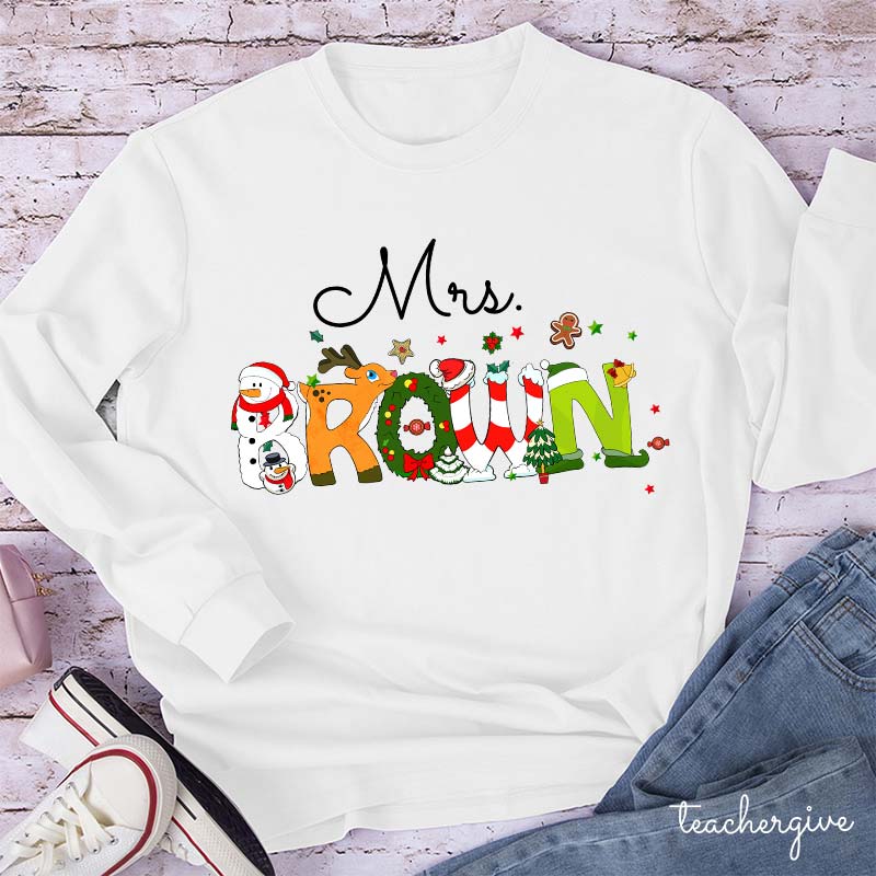 Personalized Christmas Style Long Sleeve Teacher T-Shirt