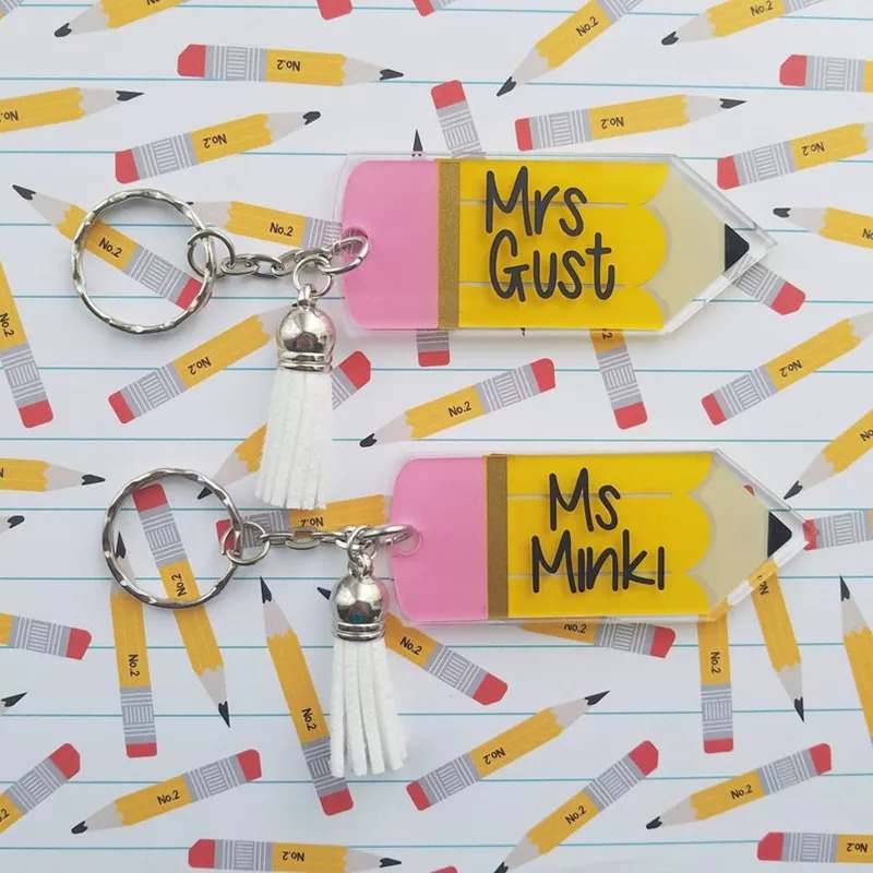 Personalized Teacher Acrylic Pencil Keychain With Tassel