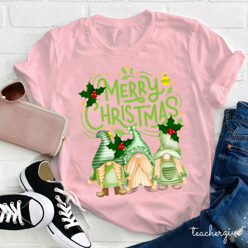 Merry Christmas Three Green Gnomes Teacher T-Shirt