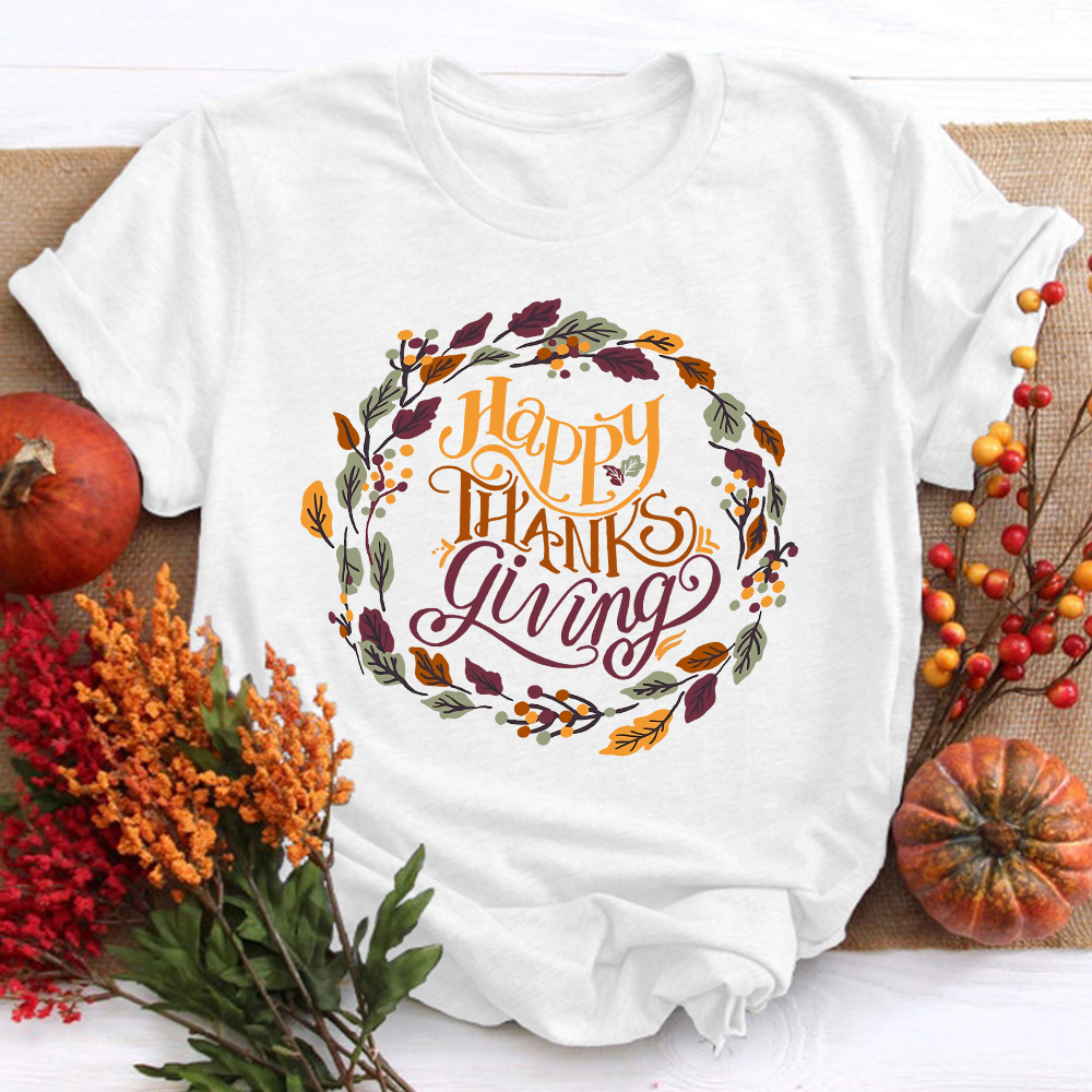 Wreath Happy Thanksgiving Teacher T-Shirt