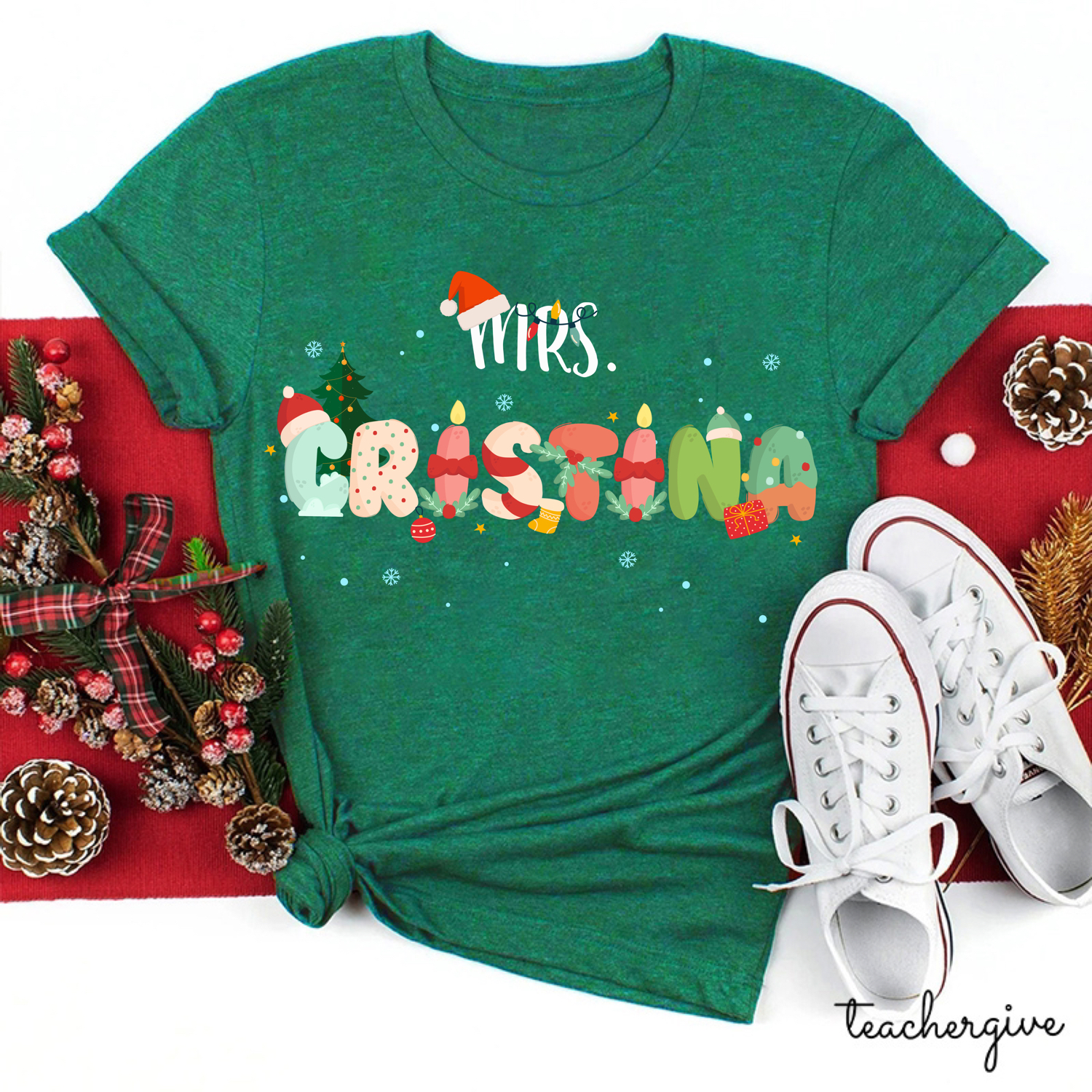 Personalized Name Christmas Cute Letter Teacher T-Shirt