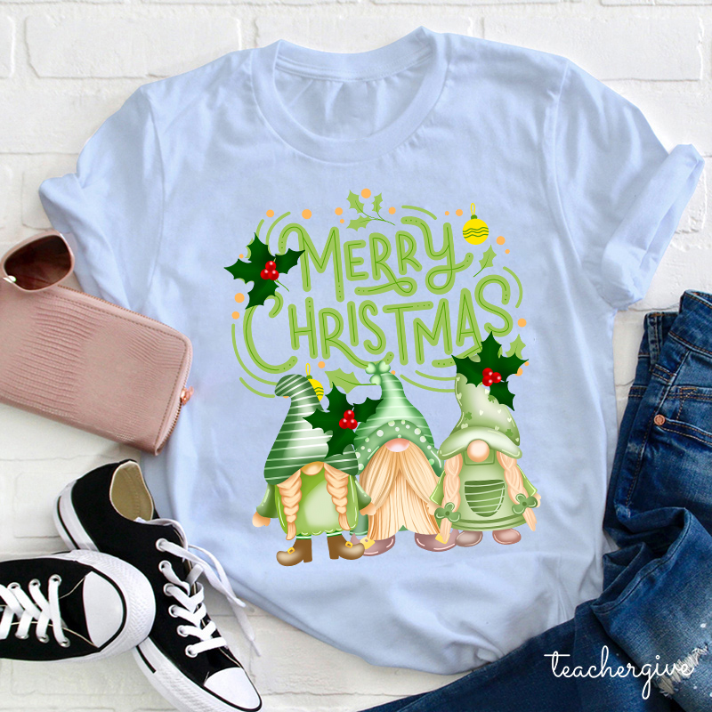 Merry Christmas Three Green Gnomes Teacher T-Shirt