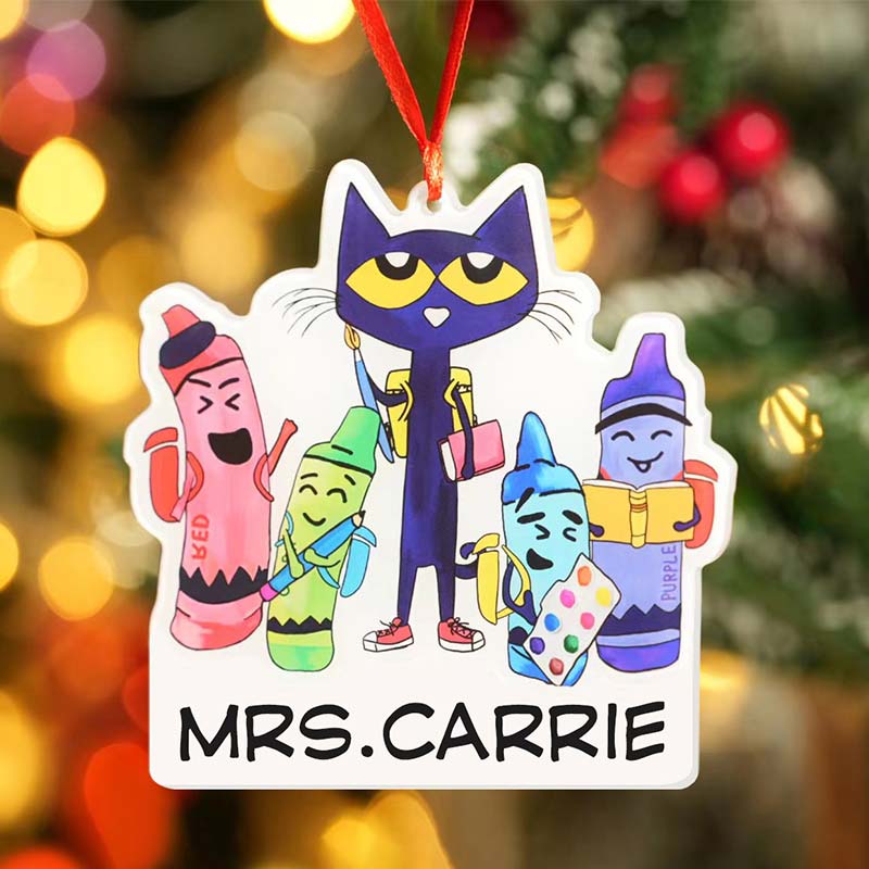 Personalized Blue Cat Teacher Acrylic Christmas Ornament