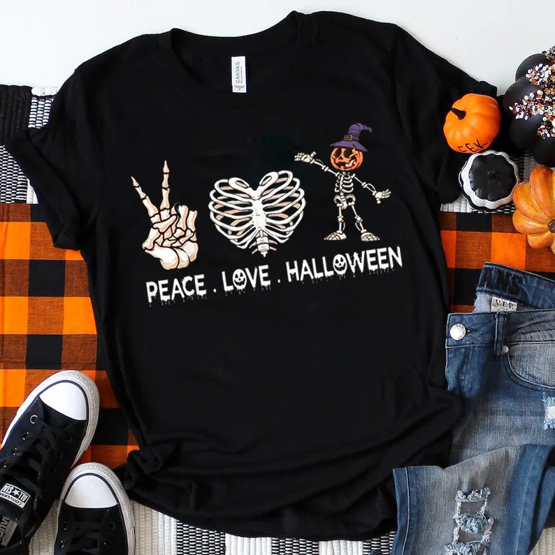 Peace And Love And Halloween Skeleton T-Shirt
