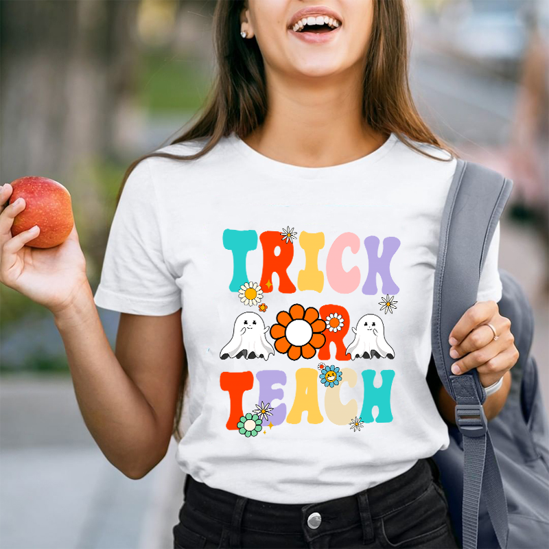Flower Ghost Halloween Trick Or Teach T-Shirt