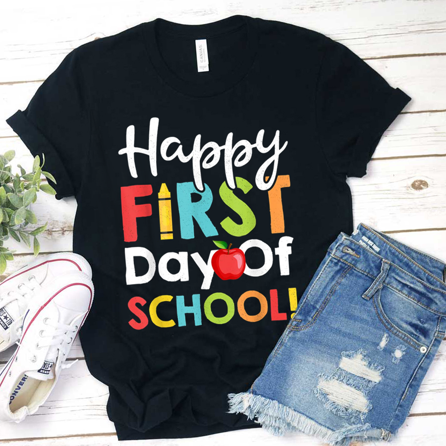 Happy First Day Of School Crayon And Apple  T-Shirt