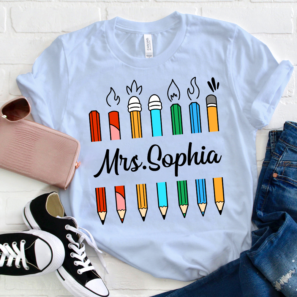 Personalized Colorful Pencil Teacher Name T-Shirt