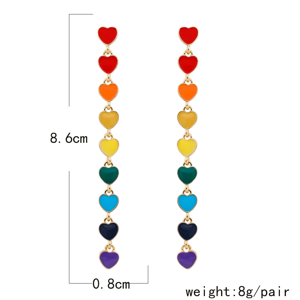 Rainbow Colors Hearts Tassel   Metal Earrings