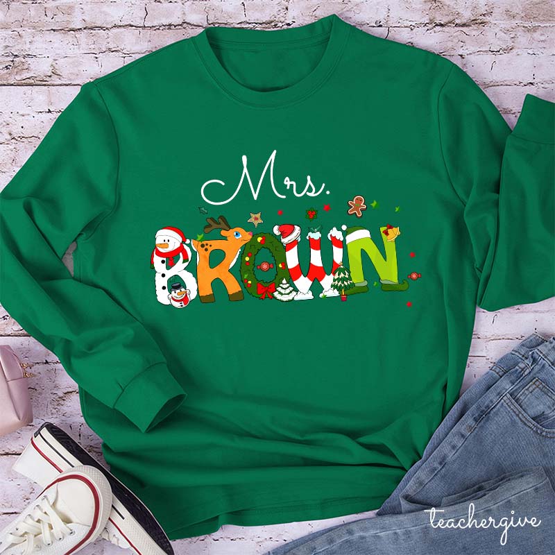 Personalized Christmas Style Long Sleeve Teacher T-Shirt