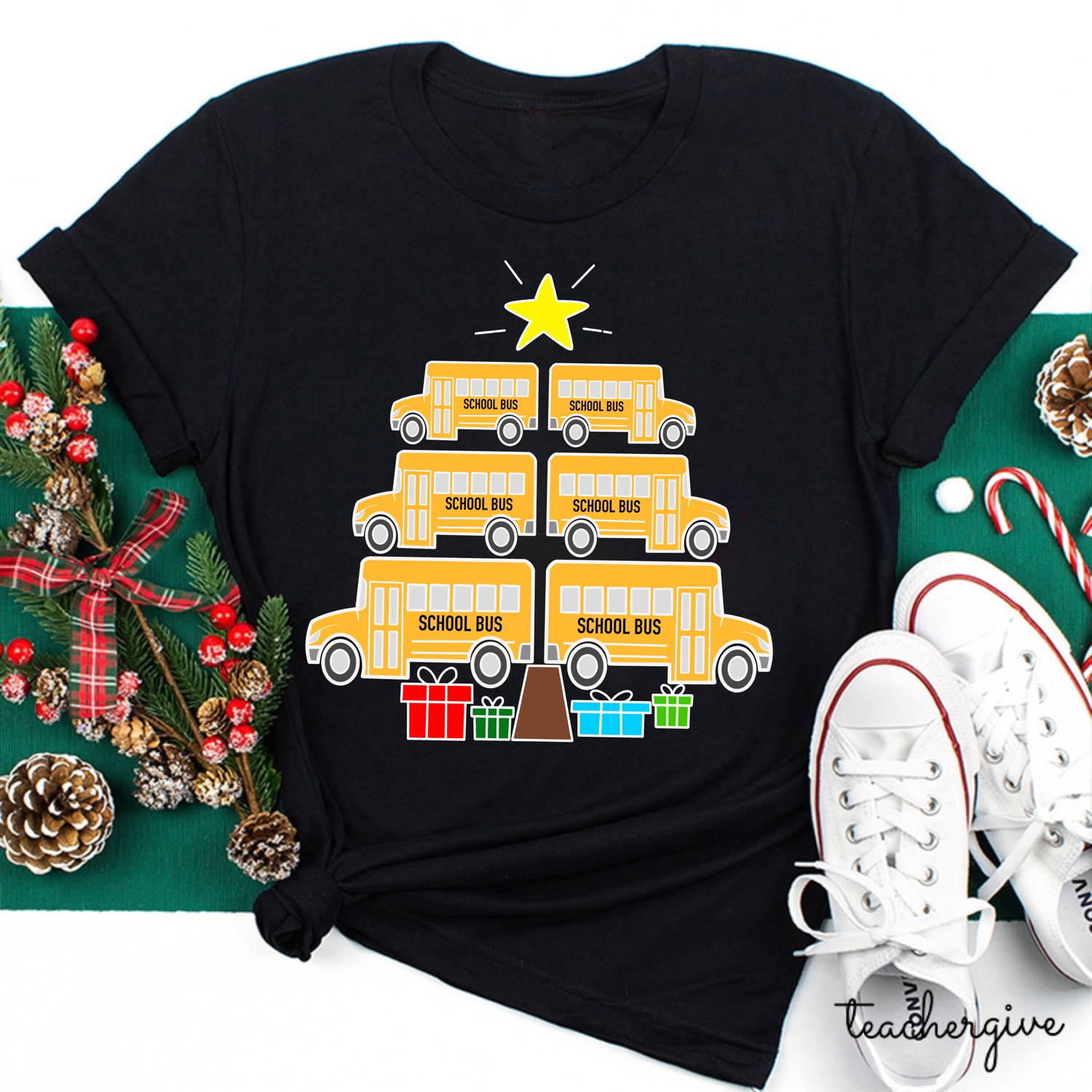 Our School Bus Deliver Christmas Presents Also Teacher T-Shirt
