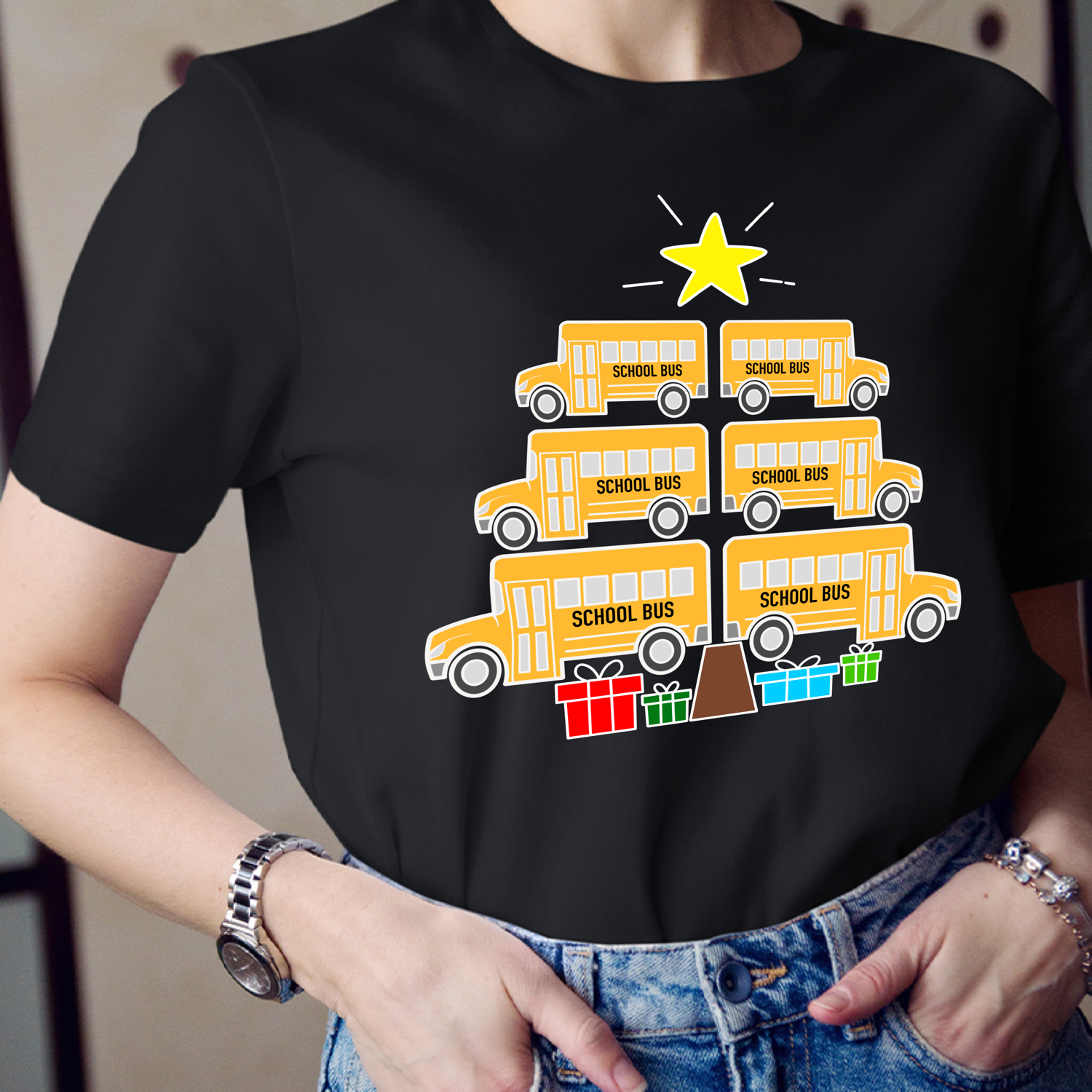 Our School Bus Deliver Christmas Presents Also Teacher T-Shirt