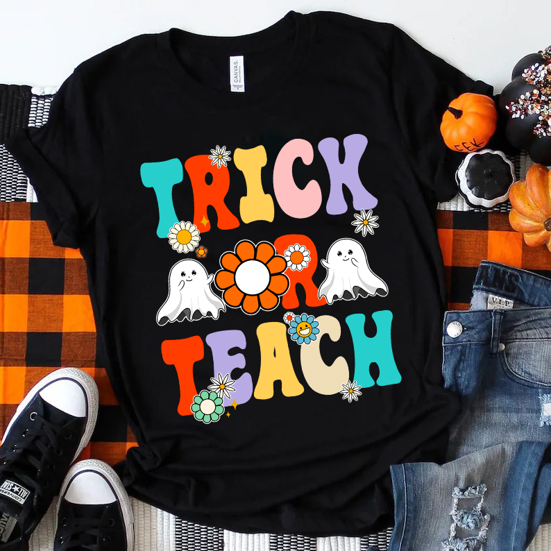 Flower Ghost Halloween Trick Or Teach T-Shirt