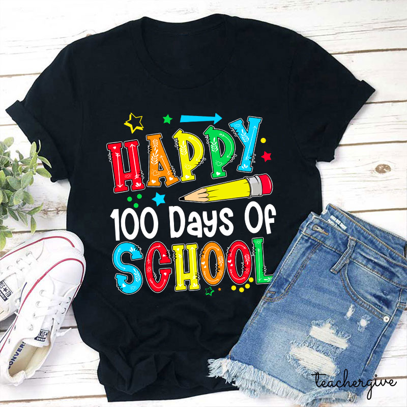 Pencil Happy 100 Days Of School Starry Teacher T-Shirt