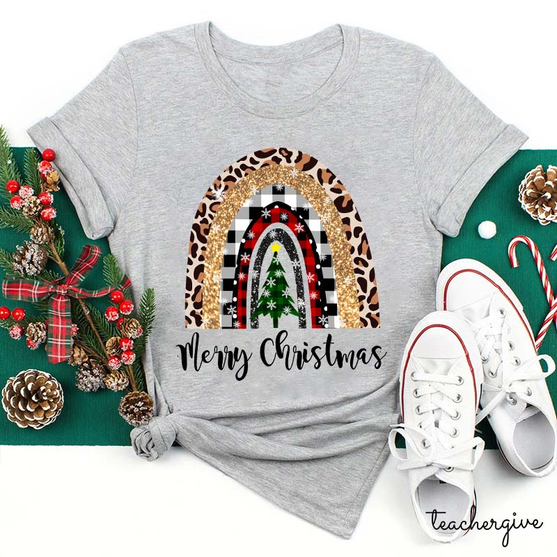Merry Christmas A Christmas Tree In The Snow Teacher T-Shirt