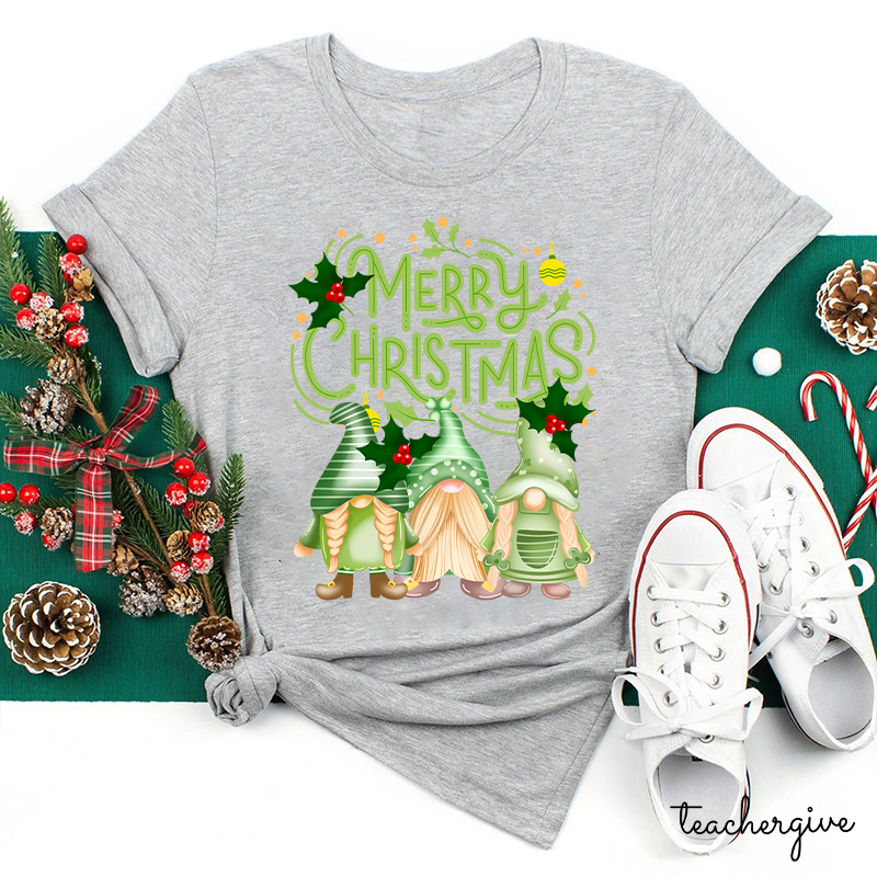 Merry Christmas Three Green Gnomes Teacher T-Shirt