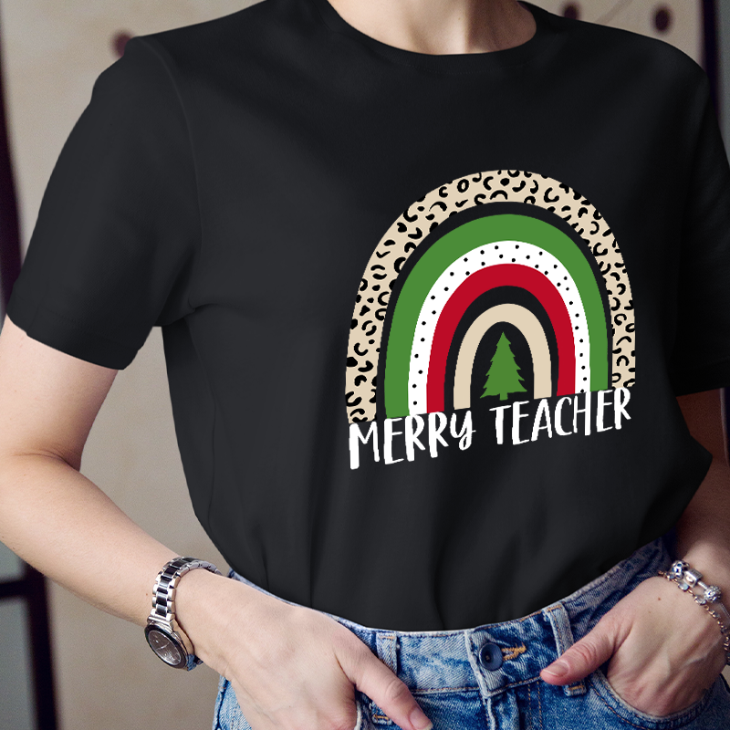 Merry Teacher Christmas Vibes Rainbow Teacher T-Shirt
