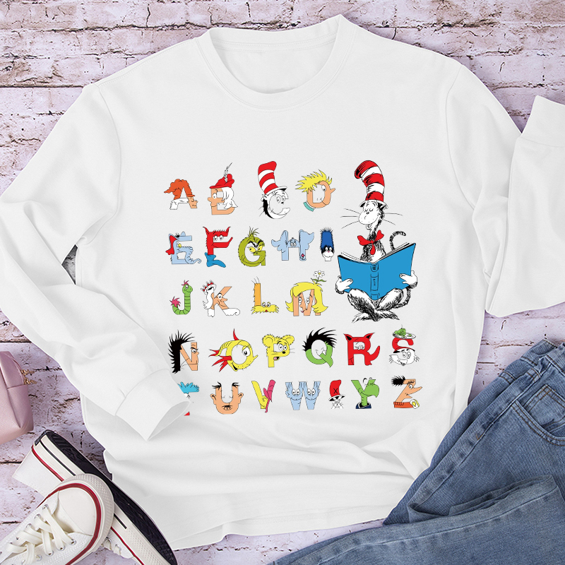 Cat Reading Books With Alphabet Long Sleeve T-Shirt