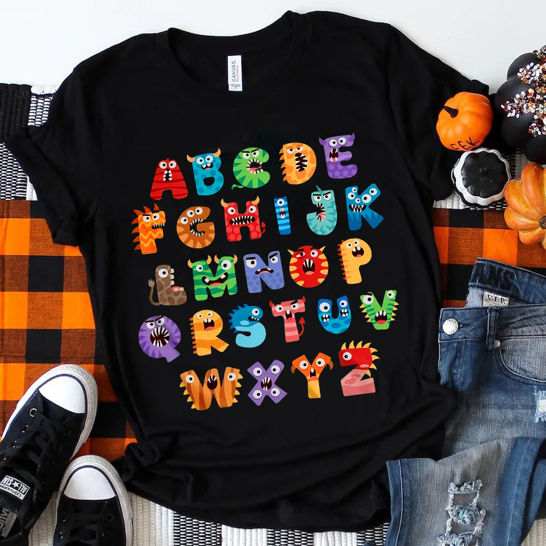 Cute Halloween Monster Alphabet School  T-Shirt