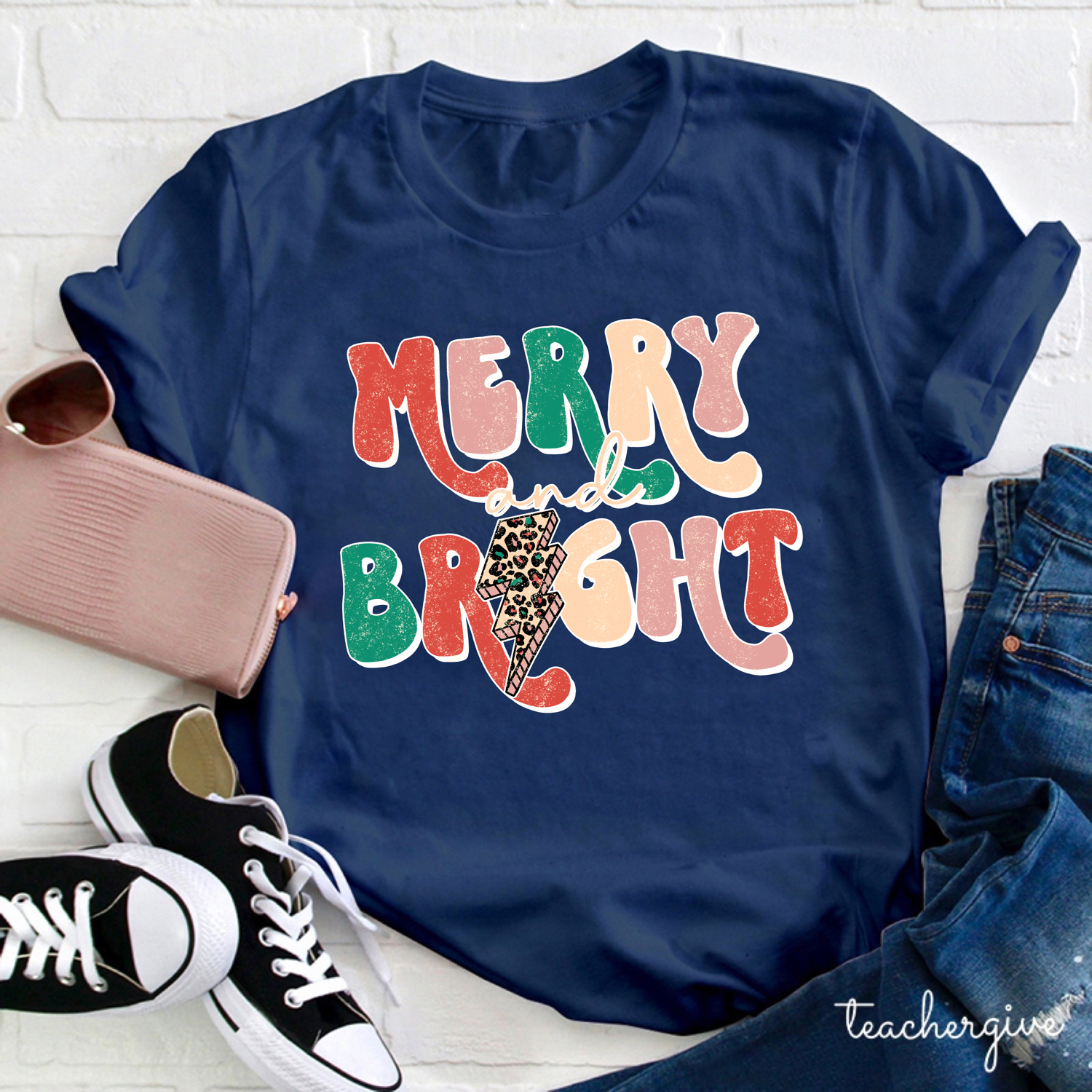 Merry And Bright Leopard Teacher T-Shirt