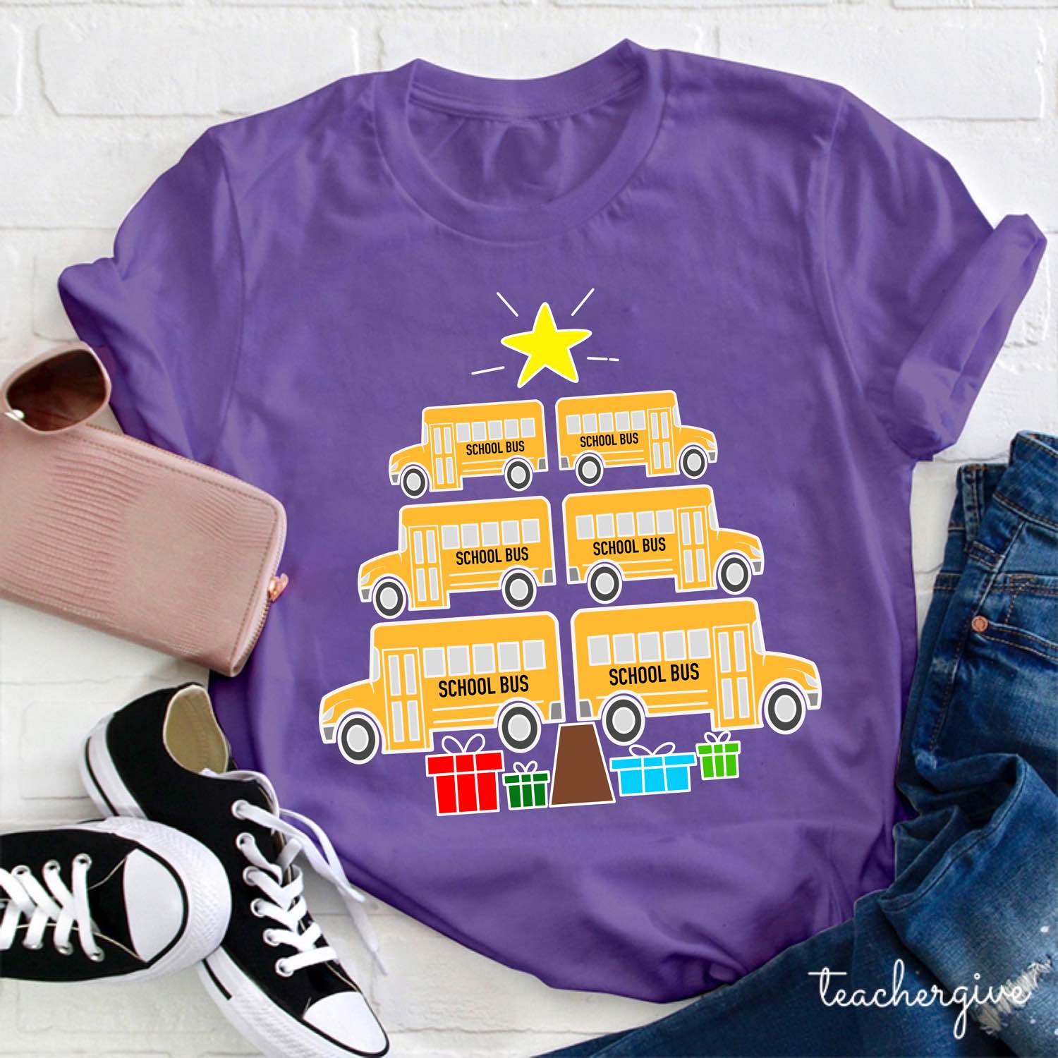 Our School Bus Deliver Christmas Presents Also Teacher T-Shirt