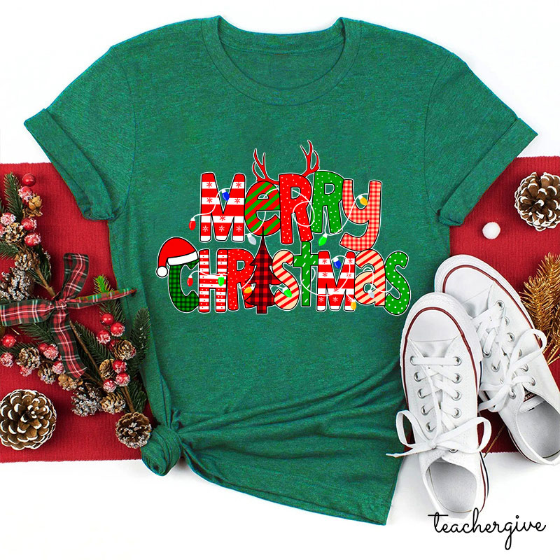 Merry Christmas With Rich Pattern Teacher T-Shirt