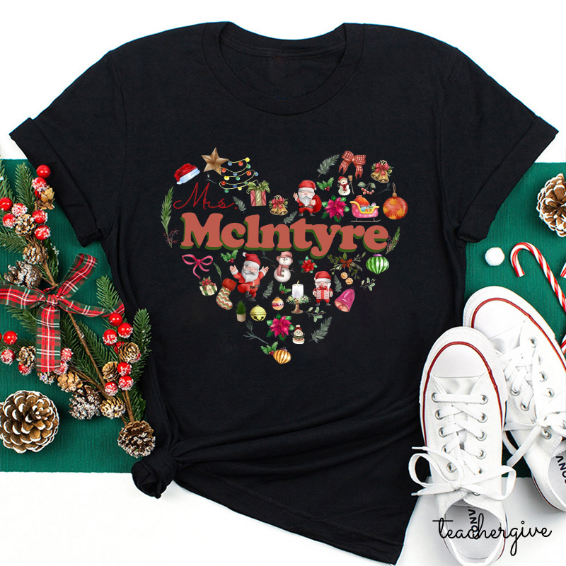 Personalized Christmas Love Heart Teacher T-Shirt