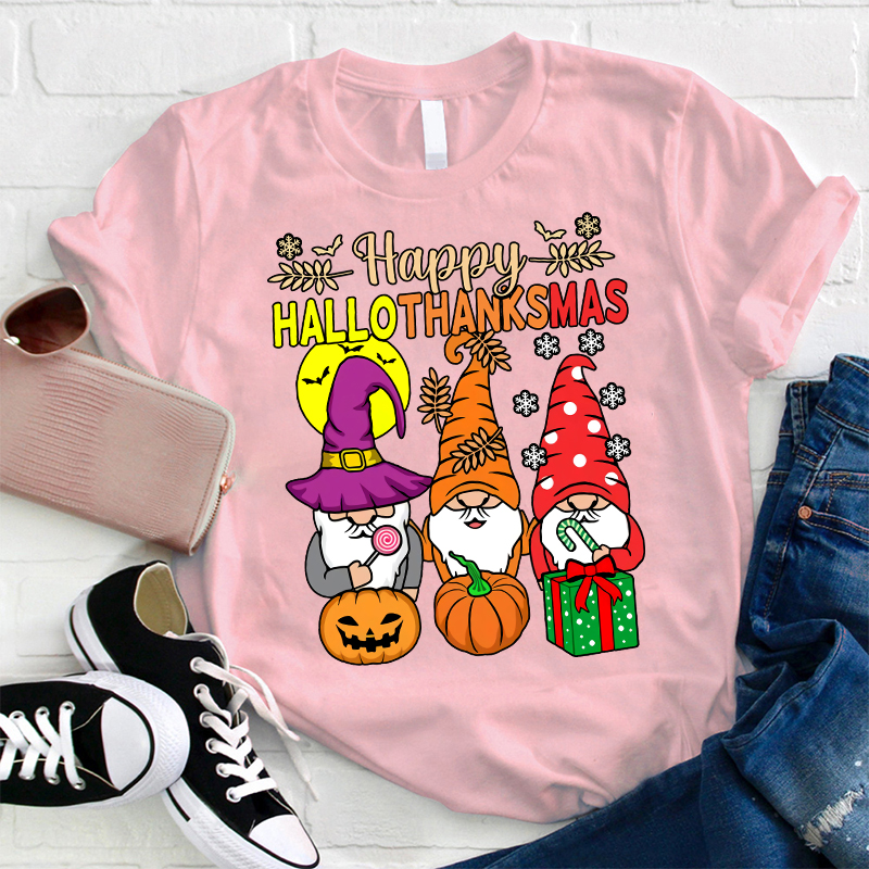 Gnomes Siblings Happy Hallothanksmas Teacher T-Shirt