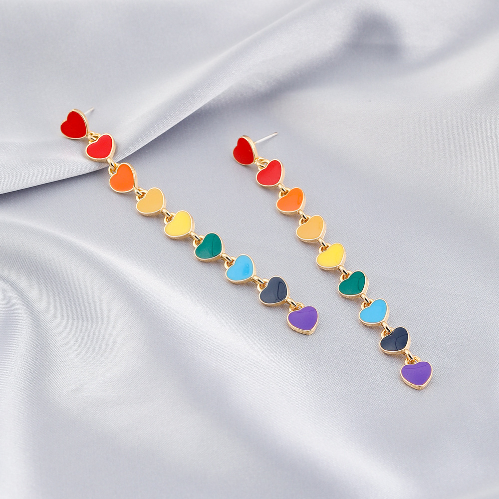 Rainbow Colors Hearts Tassel   Metal Earrings