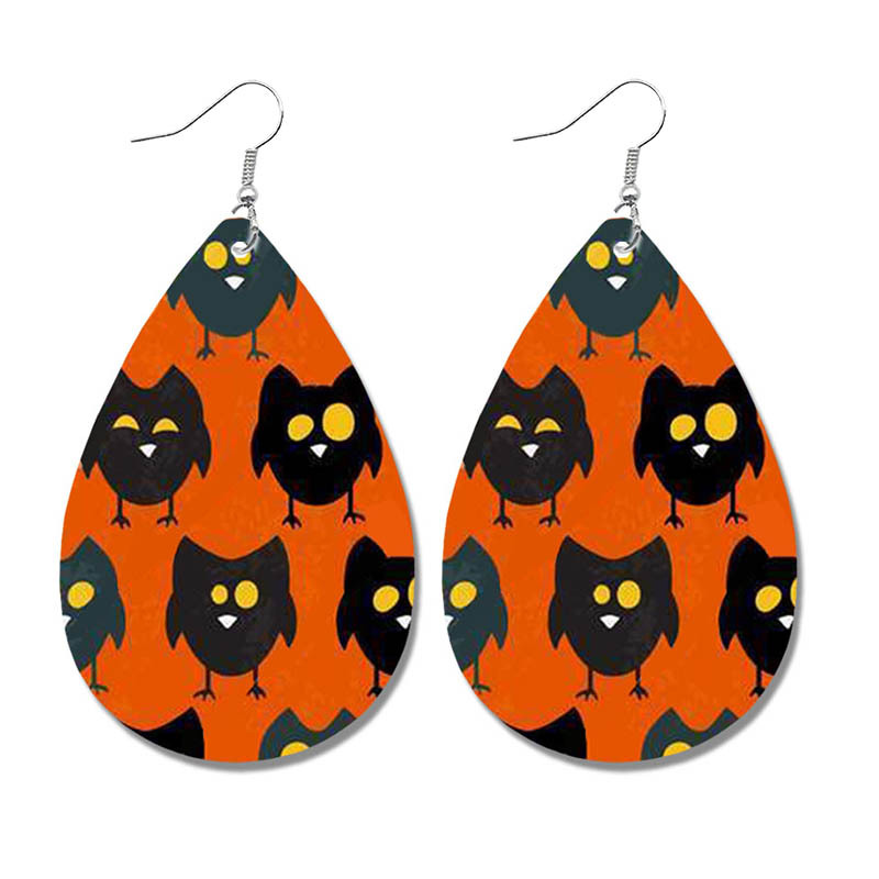 Halloween Orange Bat Leather Earrings