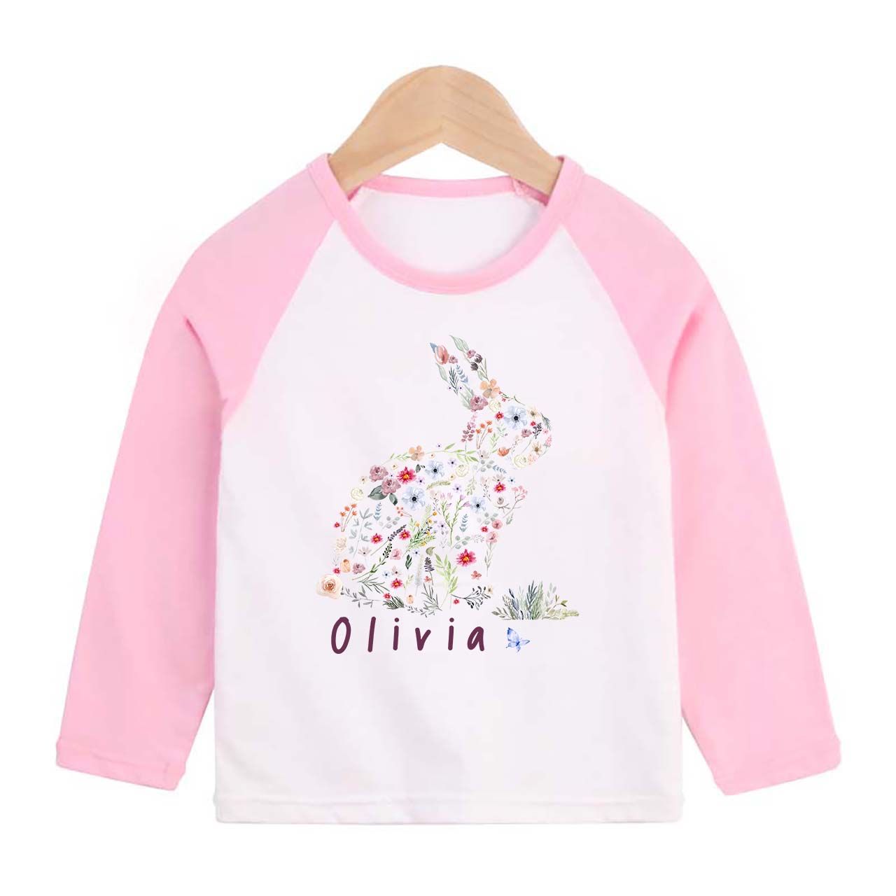 Personalised Kids Cute Flower Bunny Easter Long Sleeve Kids T-Shirt