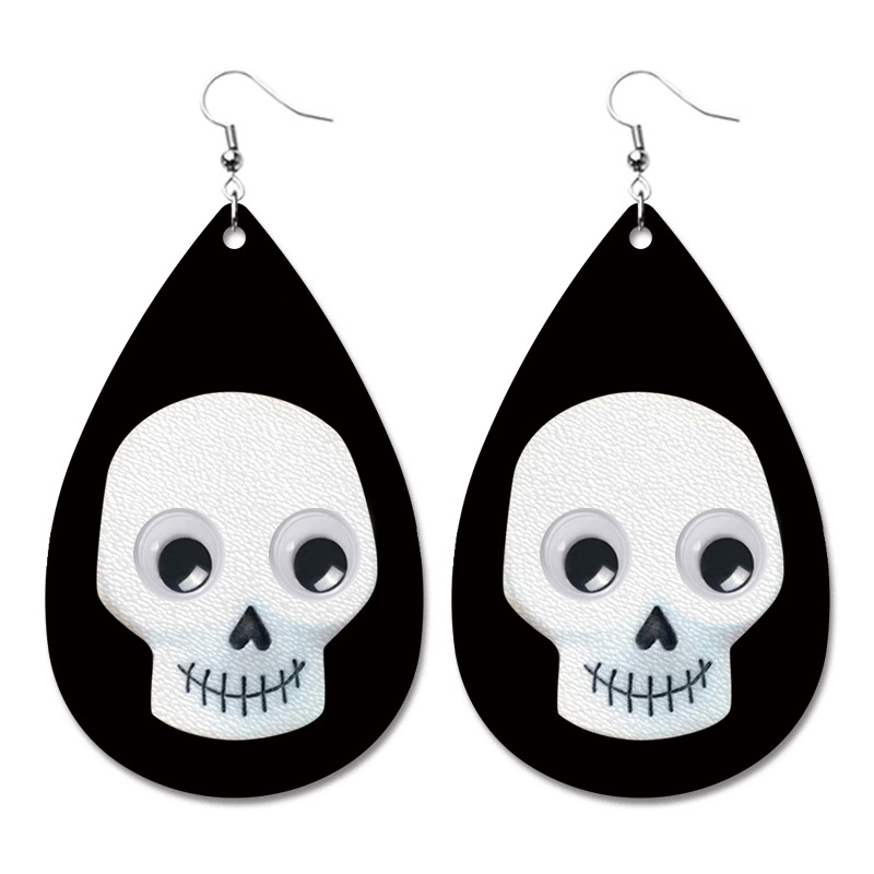 Halloween Big Eyed Skull Leather Earrings