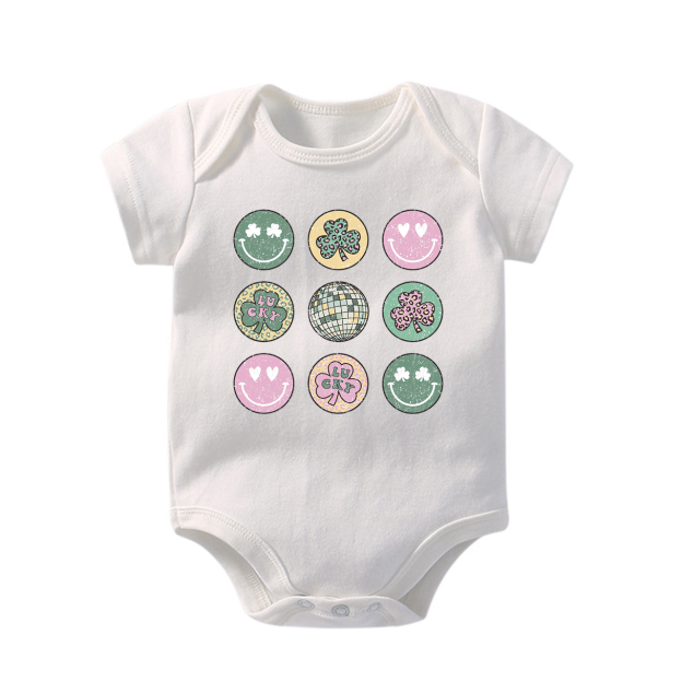 Retro St Patrick's Smiley Clover Disco Baby Bodysuit