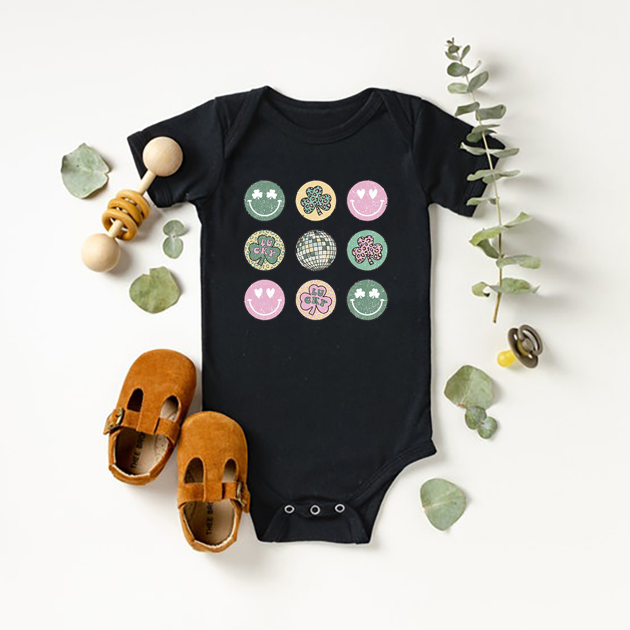 Retro St Patrick's Smiley Clover Disco Baby Bodysuit