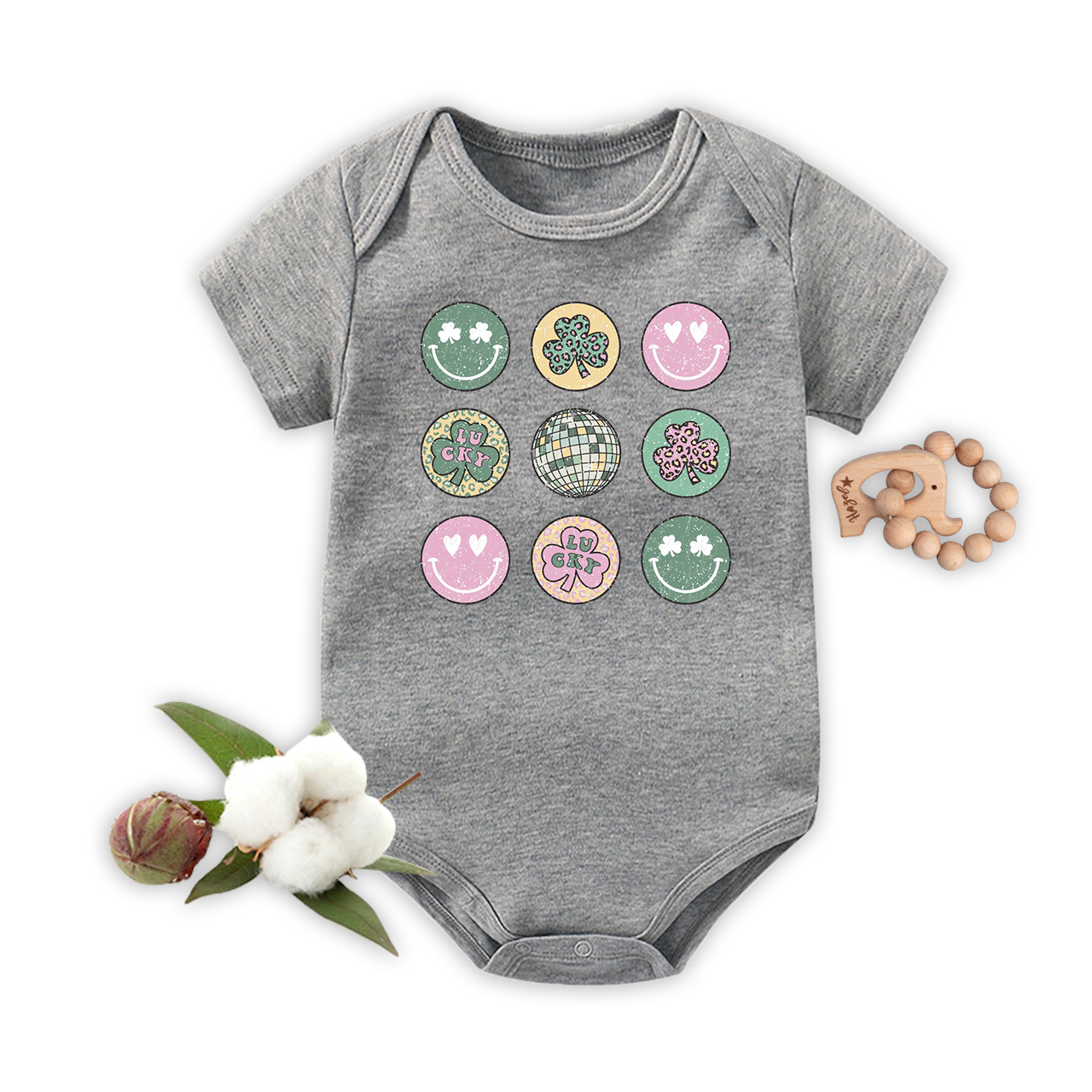 Retro St Patrick's Smiley Clover Disco Baby Bodysuit