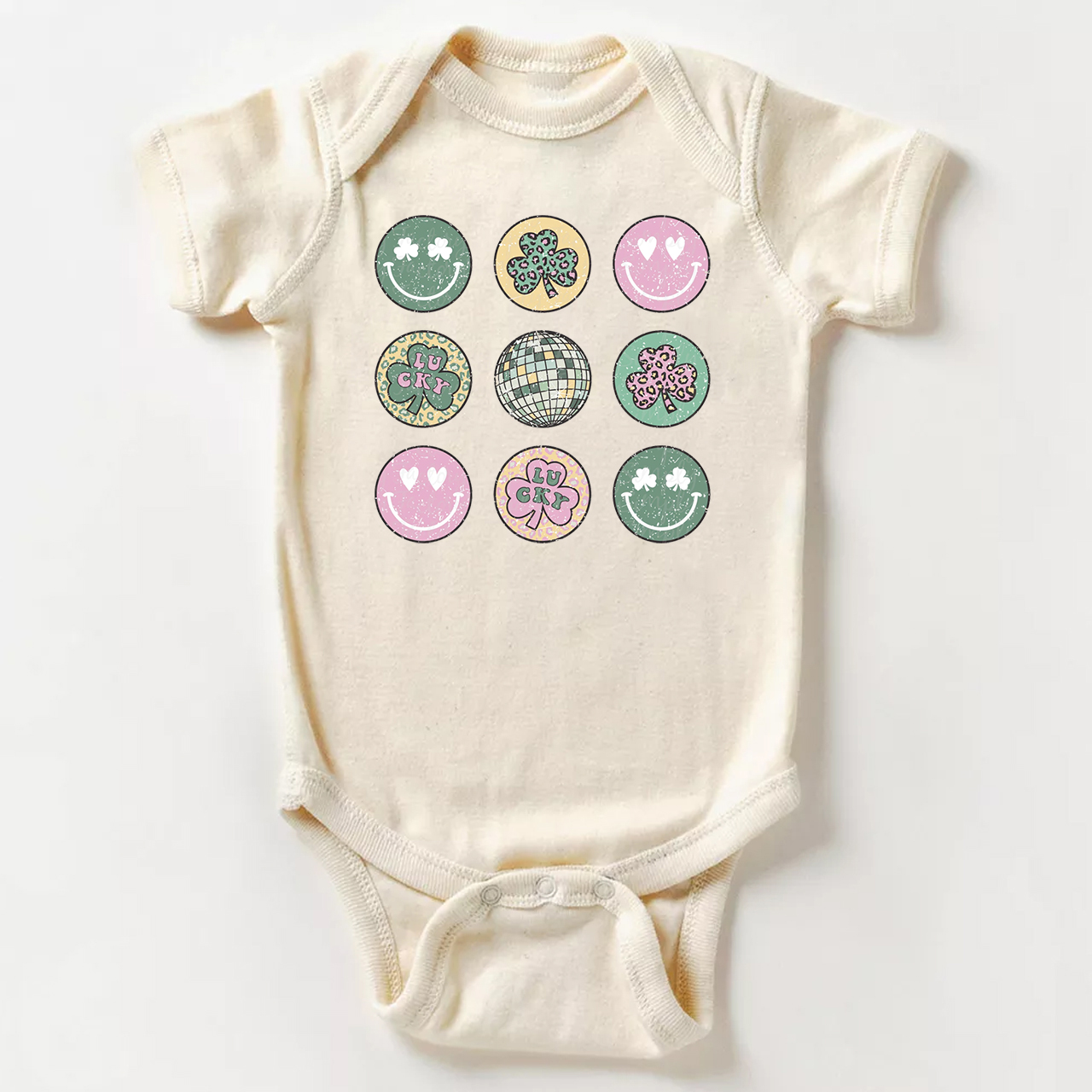 Retro St Patrick's Smiley Clover Disco Baby Bodysuit