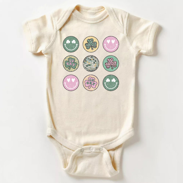 Retro St Patrick's Smiley Clover Disco Baby Bodysuit
