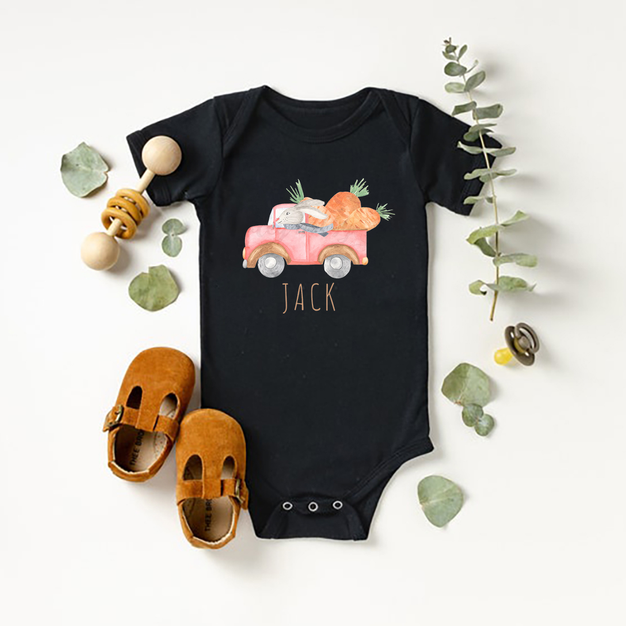 Personalized Watercolor Easter Bunny Truck With Carrots Bodysuit For B