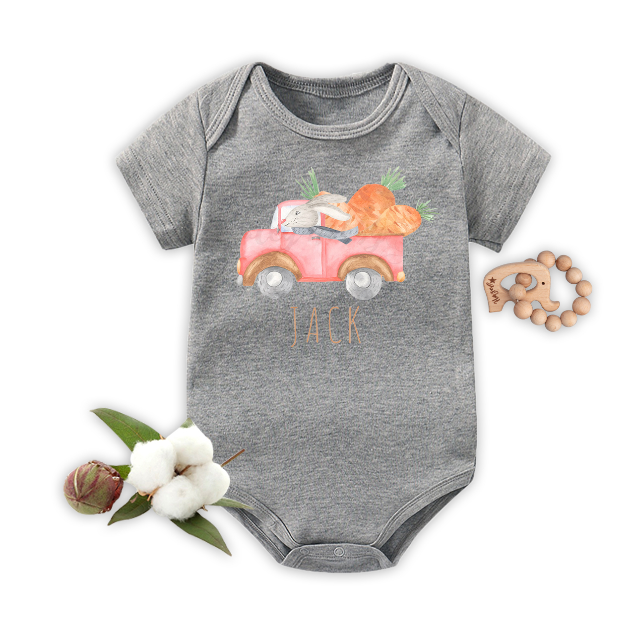 Personalized Watercolor Easter Bunny Truck With Carrots Bodysuit For B