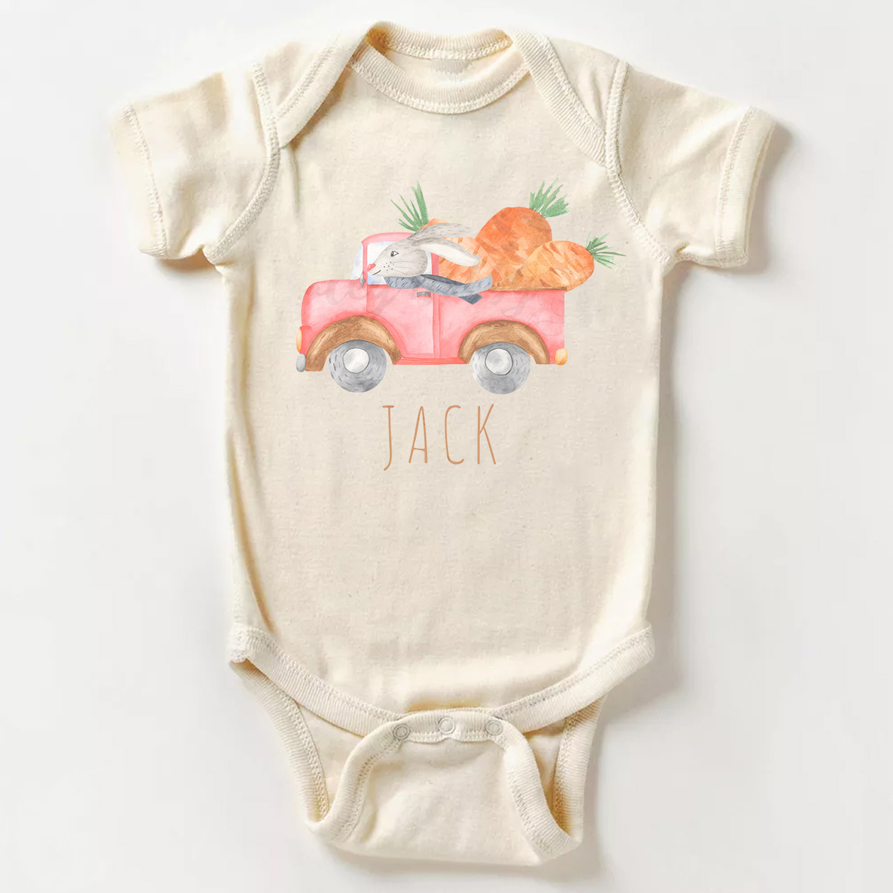 Personalized Watercolor Easter Bunny Truck With Carrots Bodysuit For B