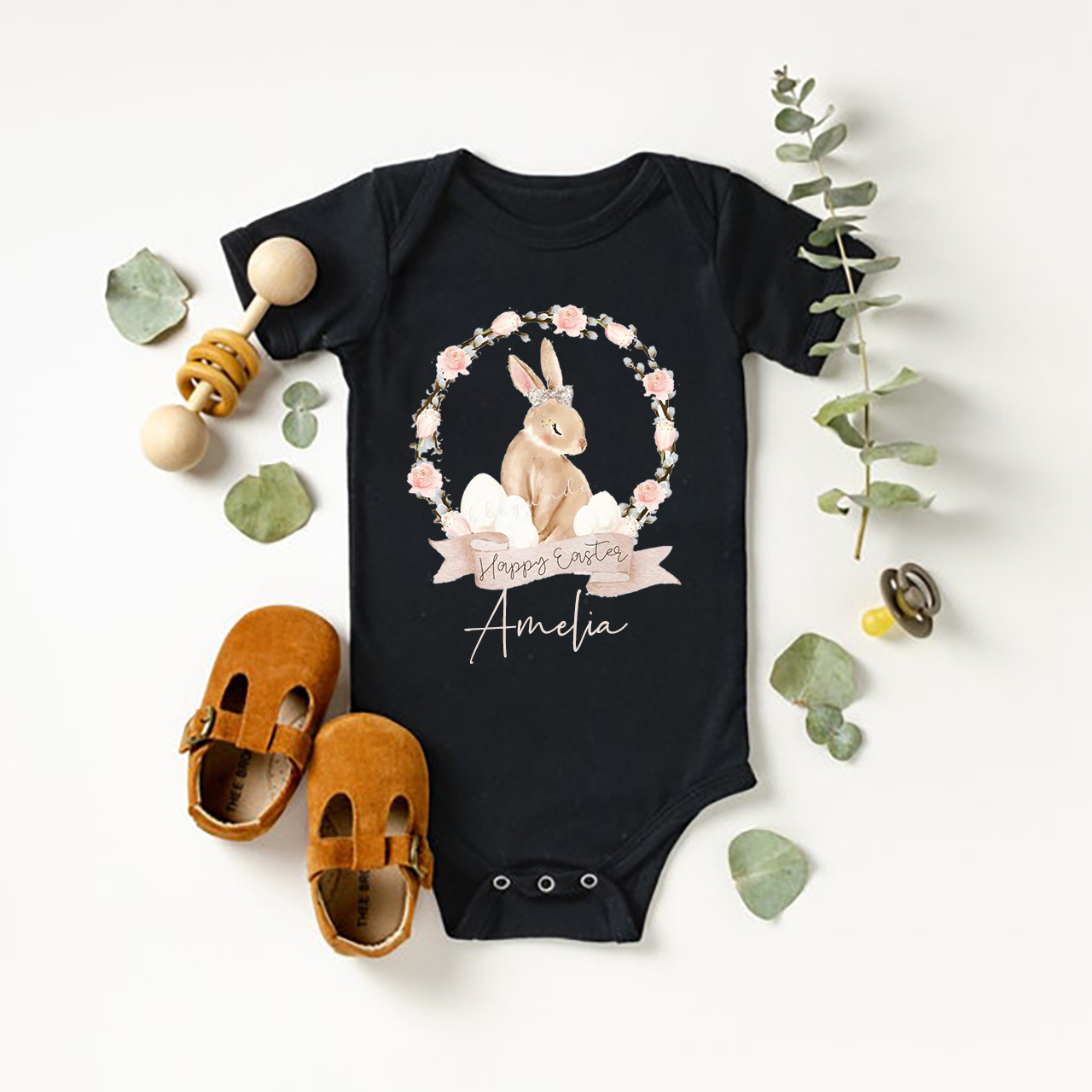Brown Bunny Floral Wreath Bodysuit For Baby