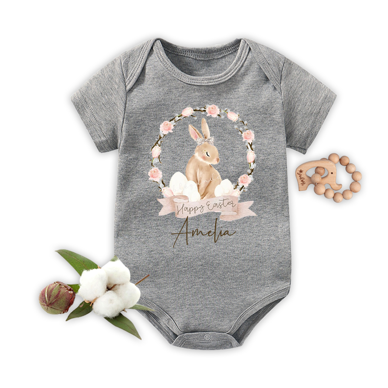 Brown Bunny Floral Wreath Bodysuit For Baby