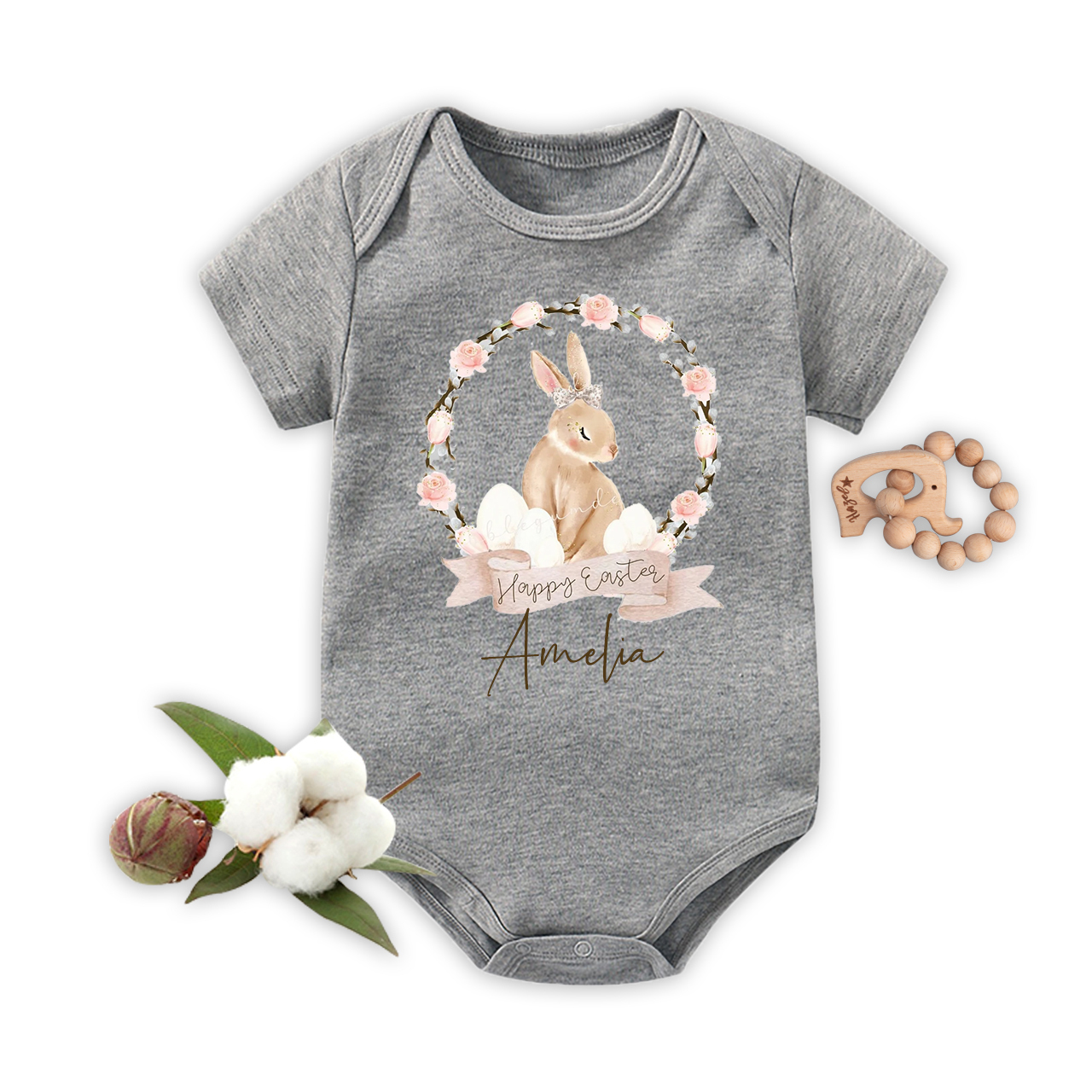 Brown Bunny Floral Wreath Bodysuit For Baby